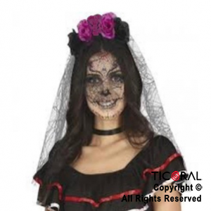 VINCHA HALLOWEEN FLOR CON TUL NEGRO LARGO LABRADO DG1443A x 1